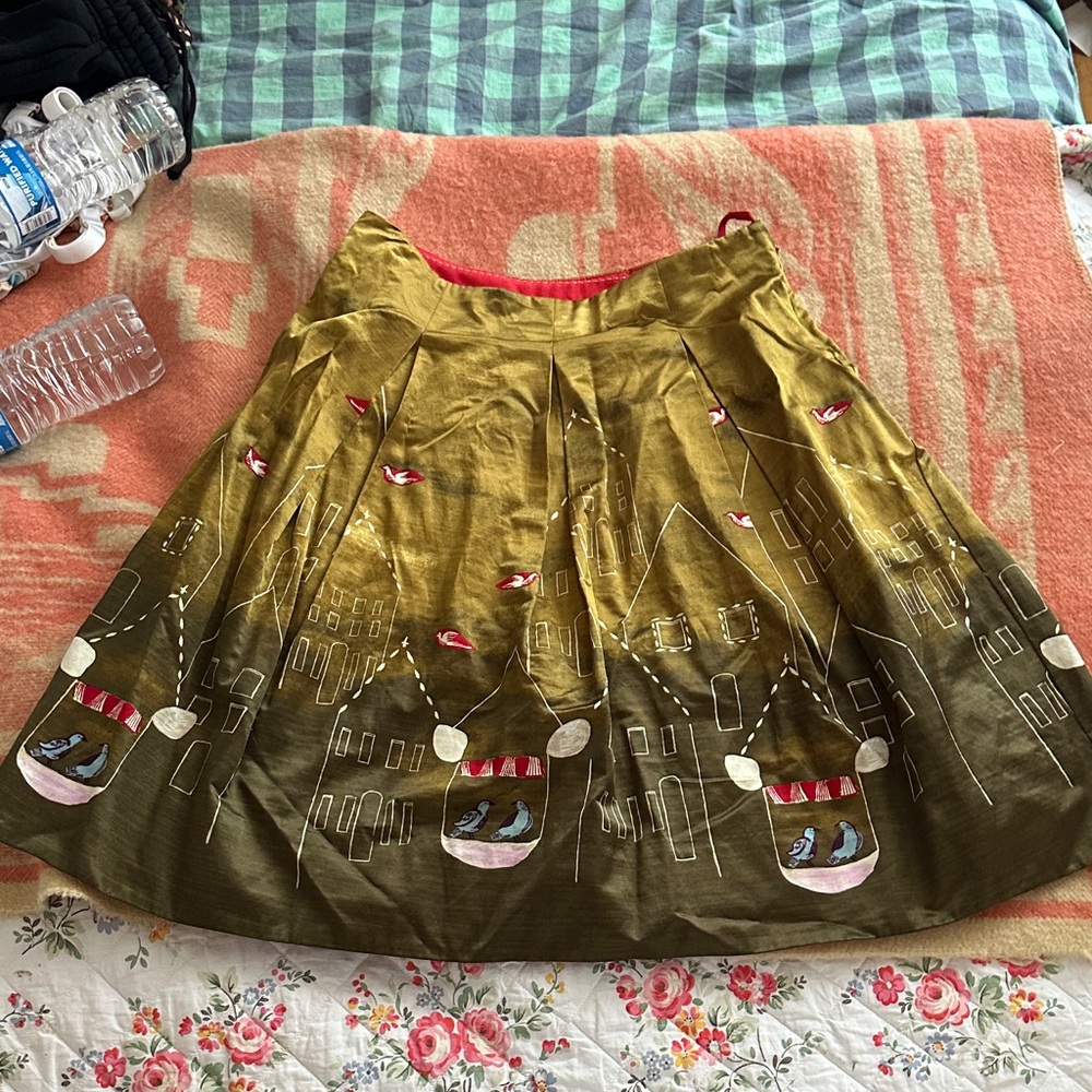 Maeve Multicolor A-Line Skirt with Bird and City Print